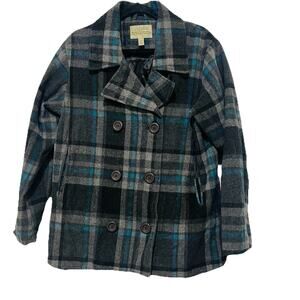 Cabelas Women’s Blue Gray BlackPlaid Pea Coat Jacket Size Large Cozy Winter Core